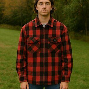 Vintage MF Girbaud Flannel Jacket Shacket Full Zip Plaid Red Black USA Made M